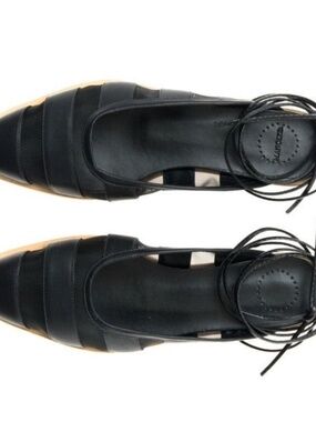 Black Lace-Up Striped Leather Pointed Flats St Tropez in Black